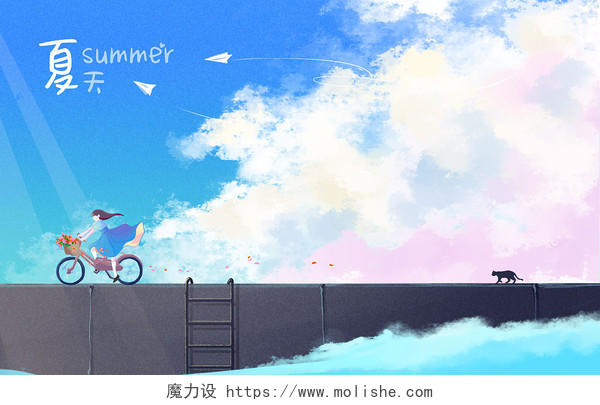 夏日室外风景阳光下的少女单车夏天夏日立夏夏季